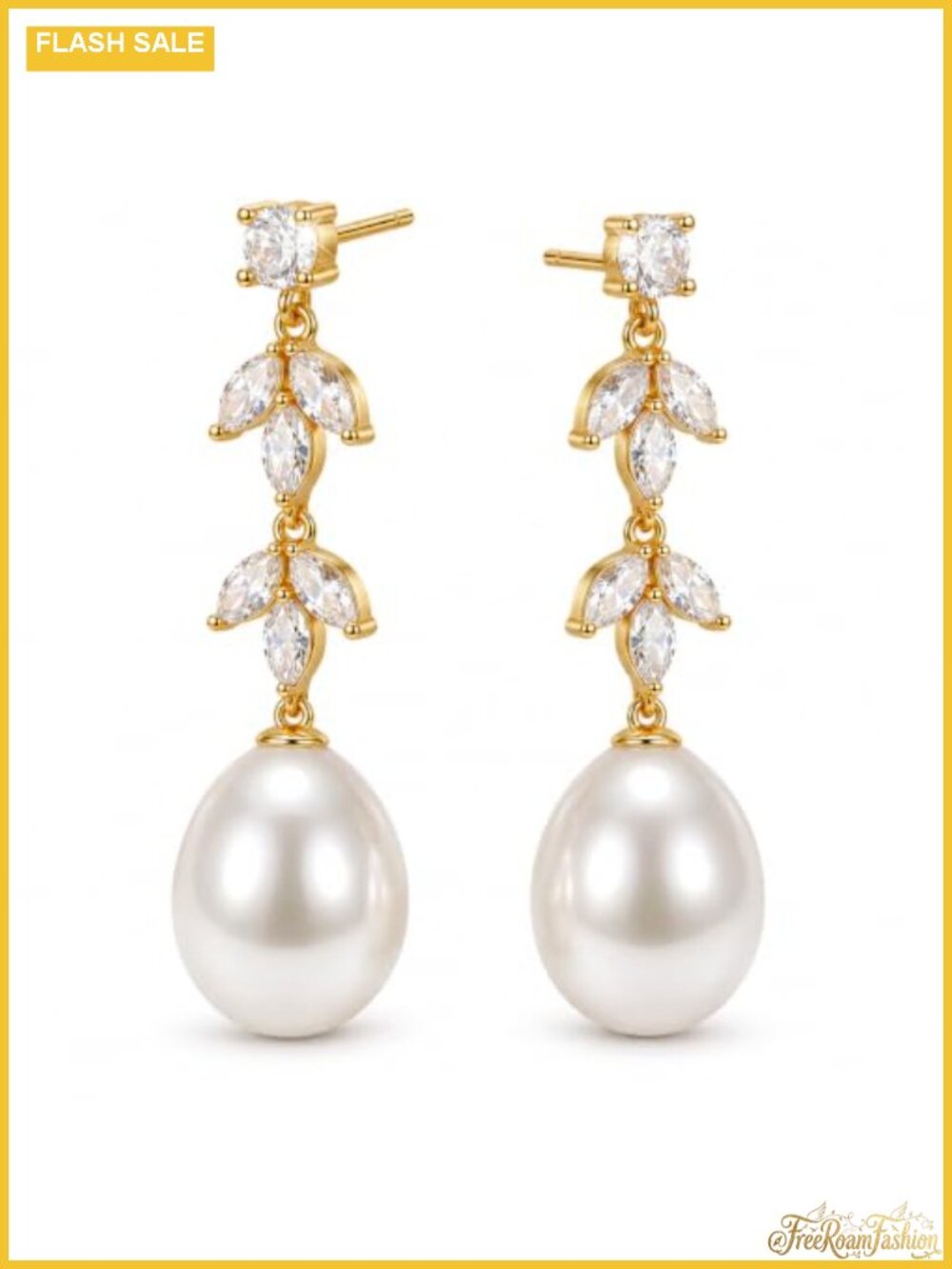 14K Gold Plated Pearl Dangle Drop Earrings Cubic Zirconia Leaf